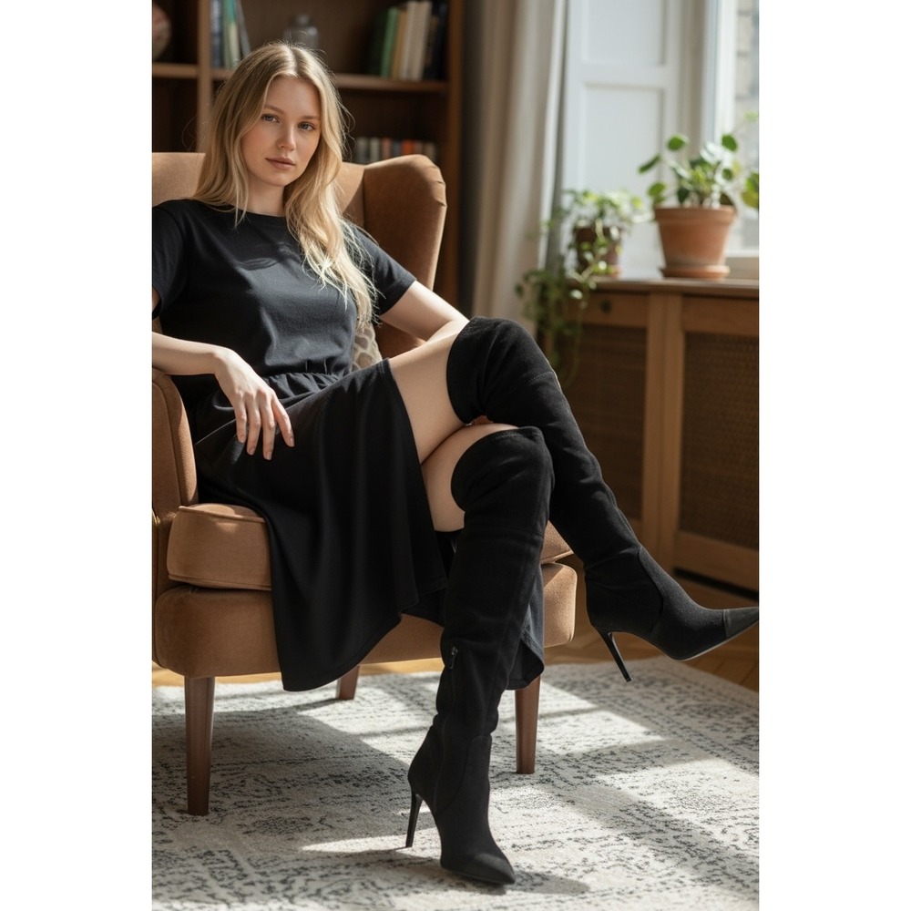 Good American Over the Knee Boots Black Suede Stiletto Heel Size 6.5